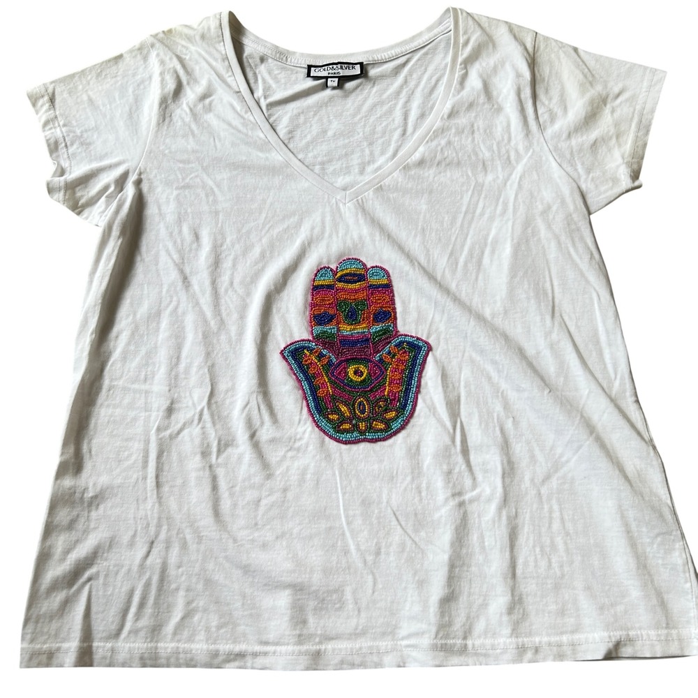 Gold‎ & Silver Paris White V-Neck T-Shirt Beaded Hamsa Hand Boho Festival Top